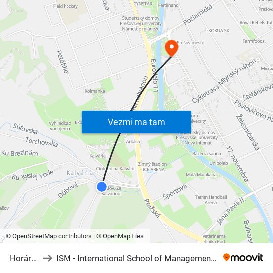 Horárska to ISM - International School of Management v Prešove map