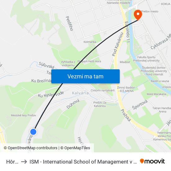 Hôrka to ISM - International School of Management v Prešove map