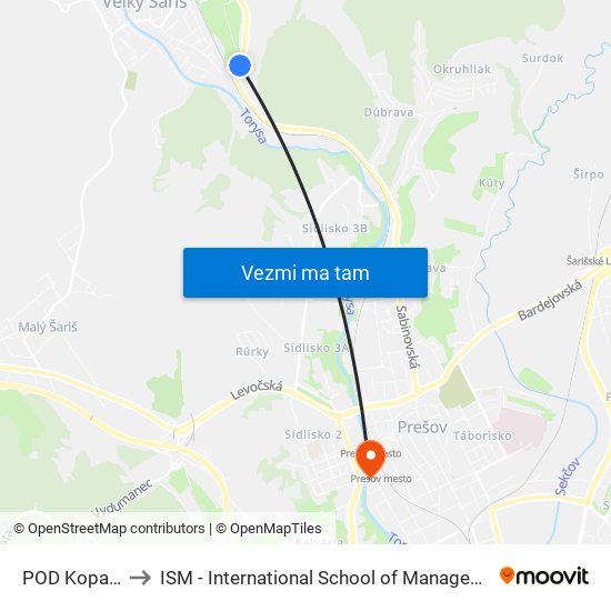 POD Kopaninou to ISM - International School of Management v Prešove map