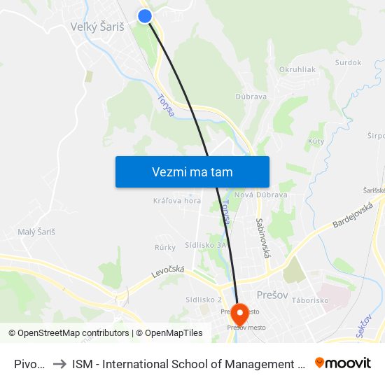 Pivovar to ISM - International School of Management v Prešove map