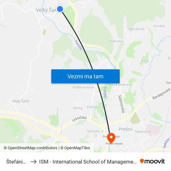 Štefánikova to ISM - International School of Management v Prešove map