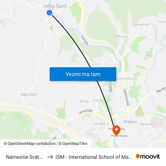 Námestie Svätého Jakuba to ISM - International School of Management v Prešove map