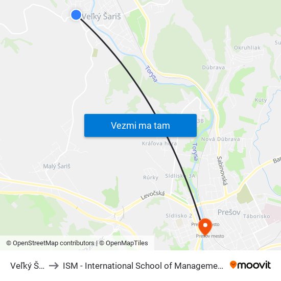 Veľký Šariš to ISM - International School of Management v Prešove map