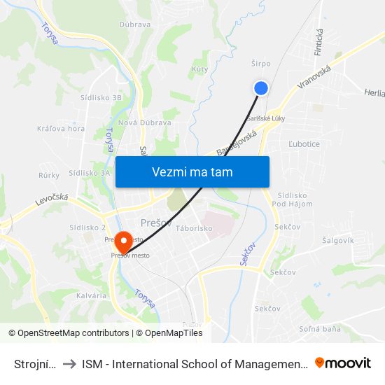 Strojnícka to ISM - International School of Management v Prešove map
