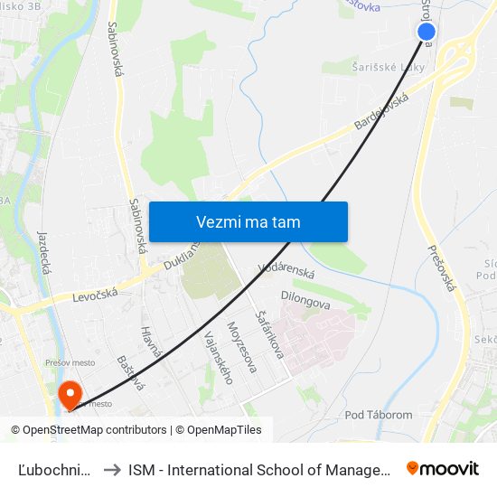 Ľubochnianska to ISM - International School of Management v Prešove map