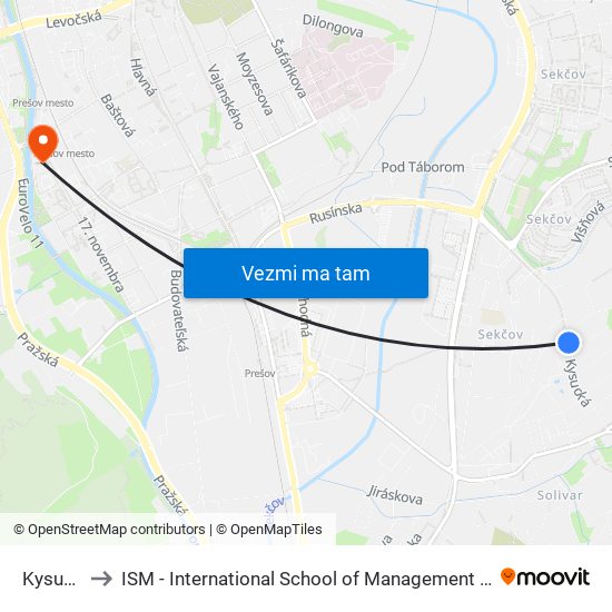 Kysucká to ISM - International School of Management v Prešove map