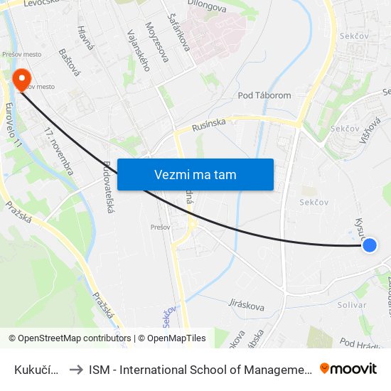 Kukučínova to ISM - International School of Management v Prešove map