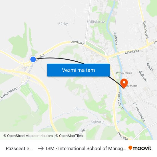 Rázscestie Cemjata to ISM - International School of Management v Prešove map