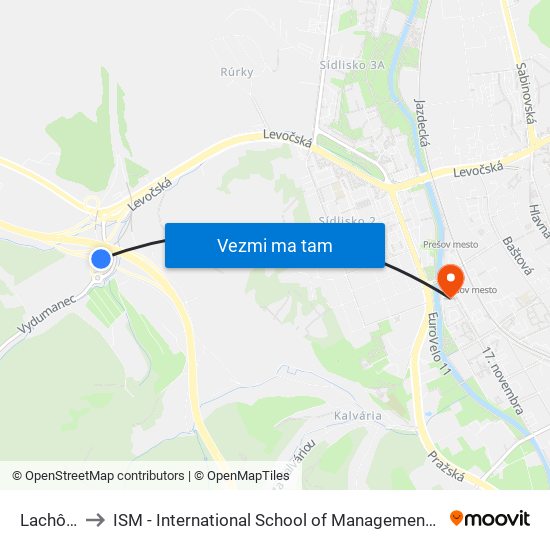 Lachôrka to ISM - International School of Management v Prešove map