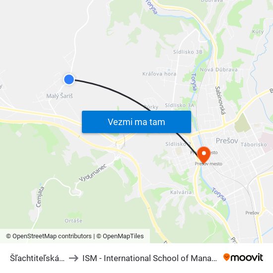 Šľachtiteľská Stanica to ISM - International School of Management v Prešove map