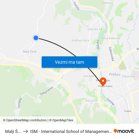 Malý Šariš to ISM - International School of Management v Prešove map