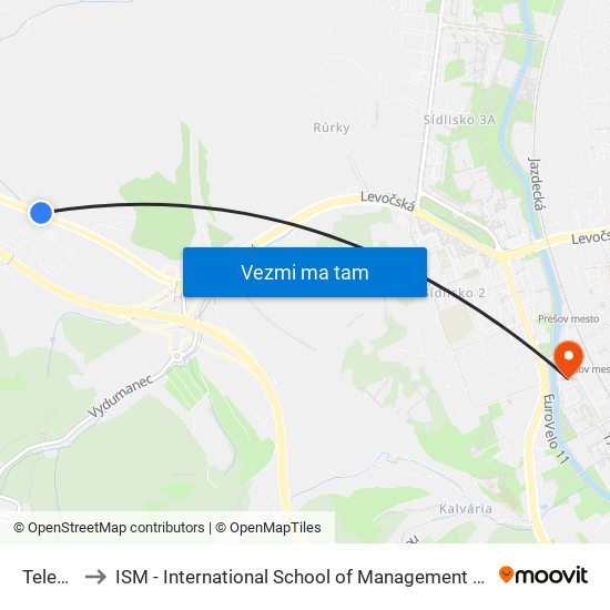 Telekča to ISM - International School of Management v Prešove map