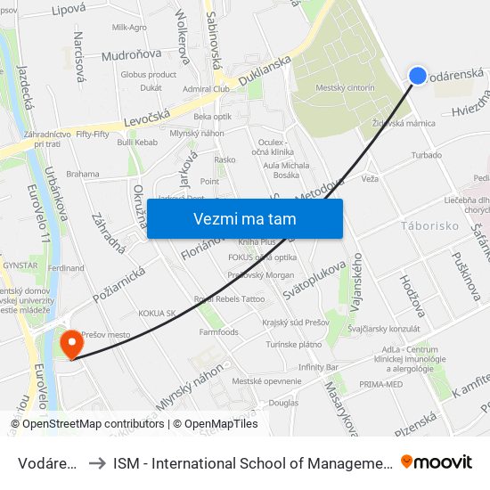 Vodárenská to ISM - International School of Management v Prešove map