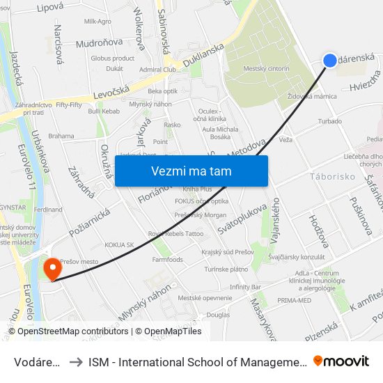 Vodárenská to ISM - International School of Management v Prešove map