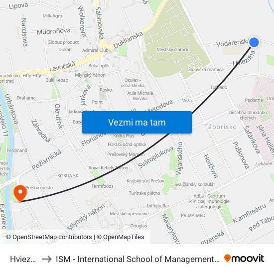 Hviezdna to ISM - International School of Management v Prešove map