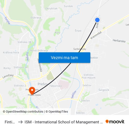 Fintická to ISM - International School of Management v Prešove map