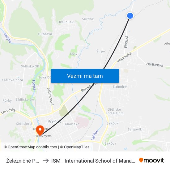 Železničné Priecestie to ISM - International School of Management v Prešove map