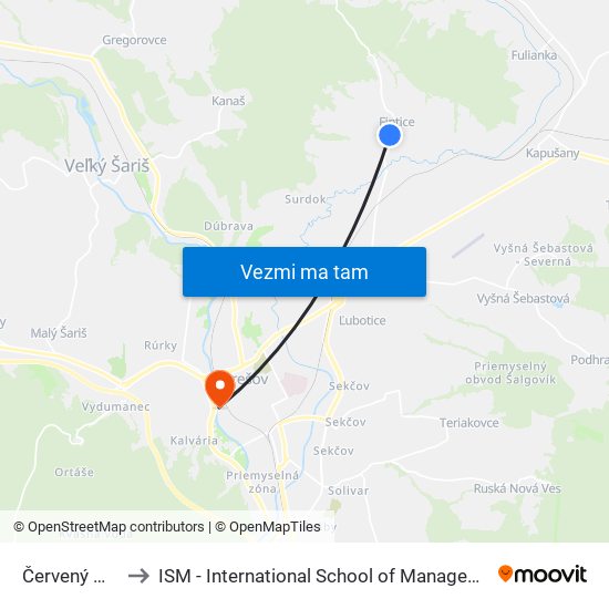 Červený Mostík to ISM - International School of Management v Prešove map