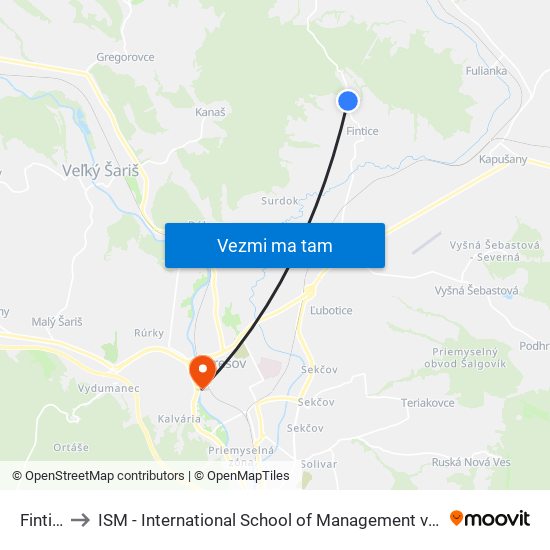 Fintice to ISM - International School of Management v Prešove map