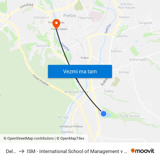 Delňa to ISM - International School of Management v Prešove map