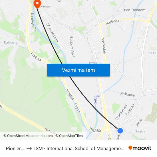 Pionierska to ISM - International School of Management v Prešove map