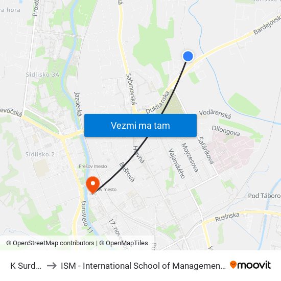 K Surdoku to ISM - International School of Management v Prešove map