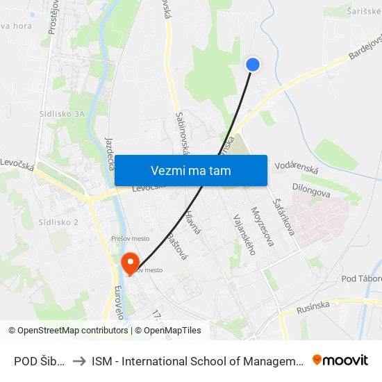 POD Šibeňou to ISM - International School of Management v Prešove map