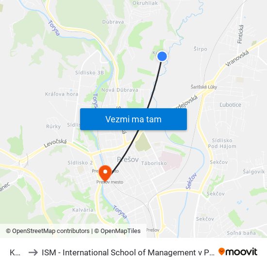 Kúty to ISM - International School of Management v Prešove map