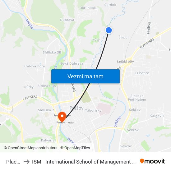 Plachty to ISM - International School of Management v Prešove map