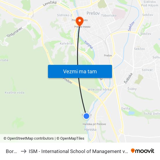 Borkút to ISM - International School of Management v Prešove map