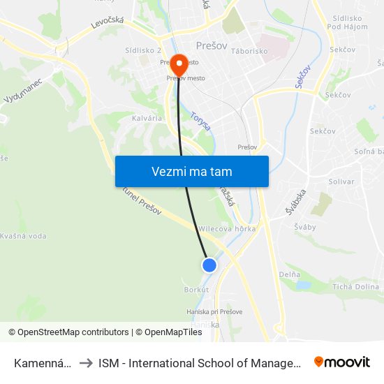 Kamenná Baňa to ISM - International School of Management v Prešove map