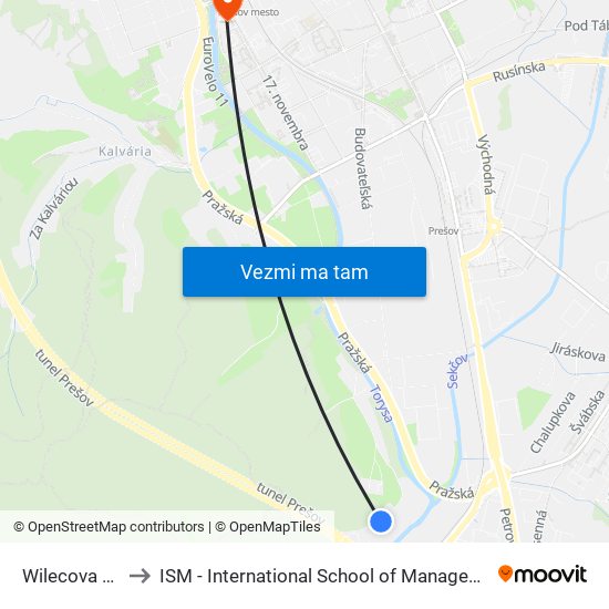 Wilecova Hôrka to ISM - International School of Management v Prešove map