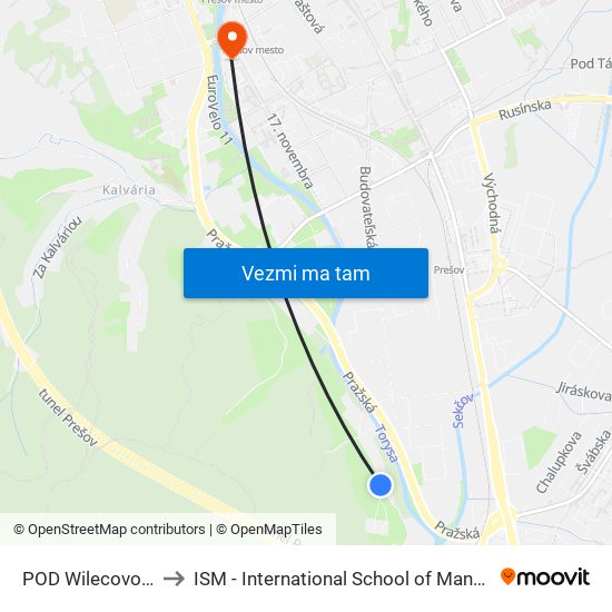 POD Wilecovou Hôrkou to ISM - International School of Management v Prešove map