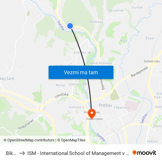 Bikoš to ISM - International School of Management v Prešove map