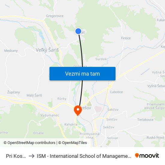 Pri Kostole to ISM - International School of Management v Prešove map