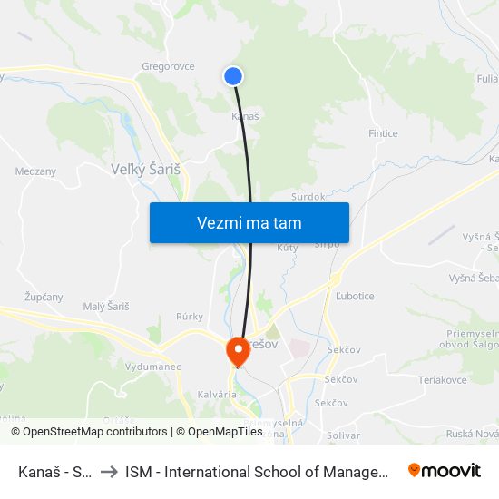 Kanaš - Stráže to ISM - International School of Management v Prešove map