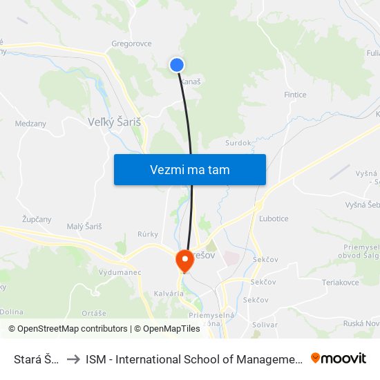 Stará Škola to ISM - International School of Management v Prešove map