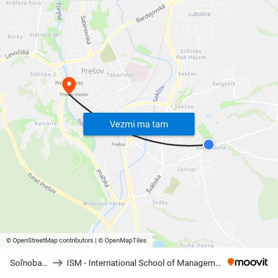 Soľnobanská to ISM - International School of Management v Prešove map