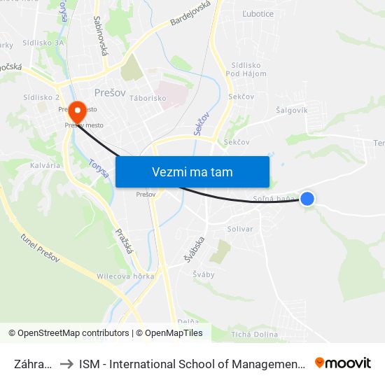 Záhradky to ISM - International School of Management v Prešove map