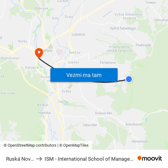 Ruská Nová Ves to ISM - International School of Management v Prešove map