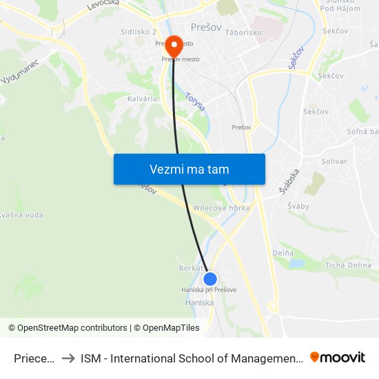 Priecestie to ISM - International School of Management v Prešove map