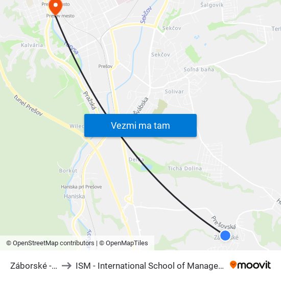 Záborské - Stred to ISM - International School of Management v Prešove map