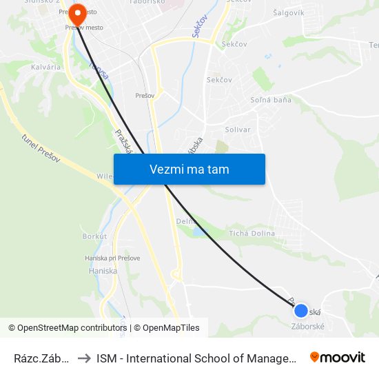 Rázc.Záborské to ISM - International School of Management v Prešove map