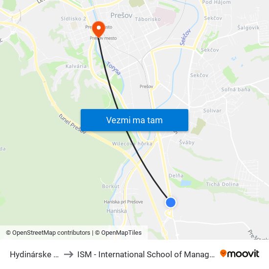 Hydinárske Závody to ISM - International School of Management v Prešove map