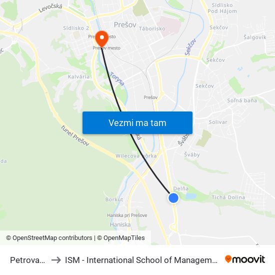 Petrovanská to ISM - International School of Management v Prešove map