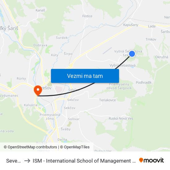 Severná to ISM - International School of Management v Prešove map