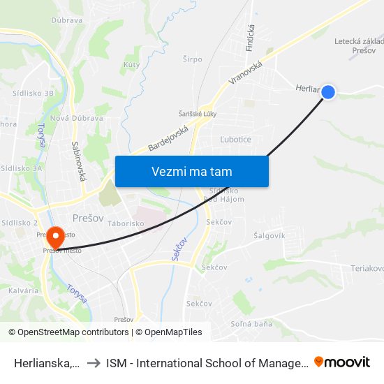 Herlianska, 29-31 to ISM - International School of Management v Prešove map