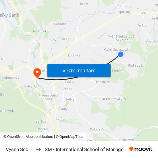 Vyšná Šebastová to ISM - International School of Management v Prešove map