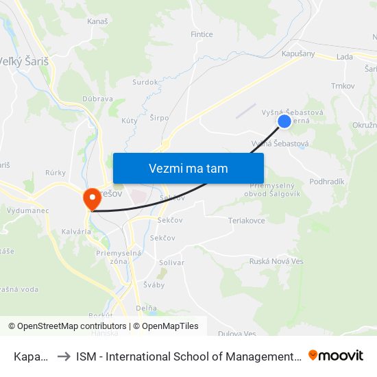 Kapanoš to ISM - International School of Management v Prešove map