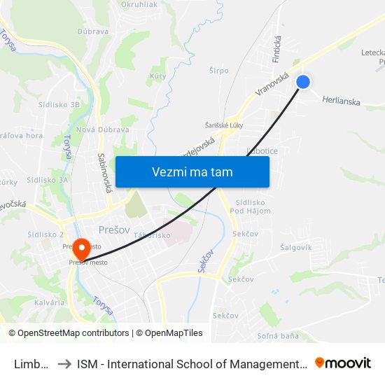 Limbova to ISM - International School of Management v Prešove map